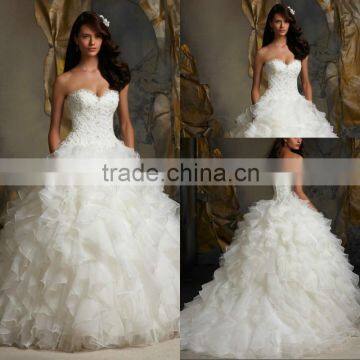 Luxury Ivory Ruffled Organza Lace Bodice Beaded Ball Gown Wedding Dress