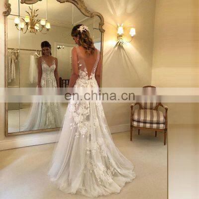 Sexy Wedding Dress Boho V Neck Appliqued Backless Elegant A Line Garden Wedding Gown Dress Bridal