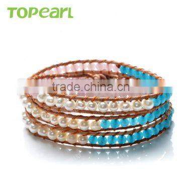 Topearl Jewelry Fashion Potato White Freshwater Pearl and Malaysian Jade Bracelet Woven Leather Wrap Bracelet Jewelry CLL168