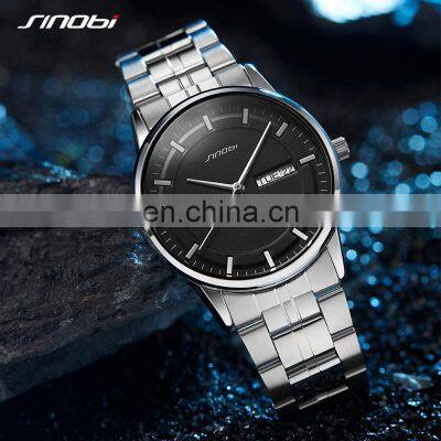 SINOBI Male Classic Black Dial Watches S9834G Dual Calendar Window Man Wrist Watches Business Man Steel Watch