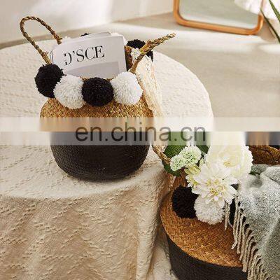 Dipped Black Seagrass Belly Basket With Pompom Plant Holder Storage Basket Decor Home High Quality