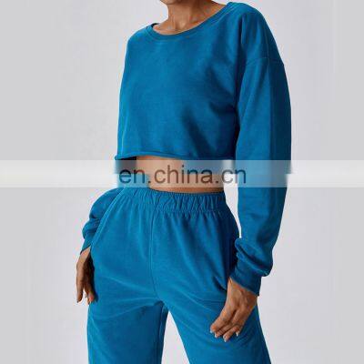 Long Sleeve Loose Pullover Hoodies Custom Logo Womens Oversize Crop Tops Sweaters 86rayon 14spandex photo-3