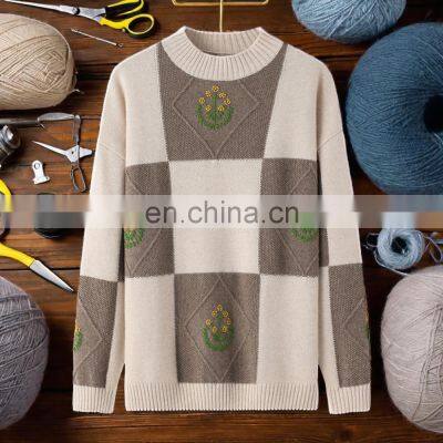 Winter Casual Crew Neck Pullover 100% Cashmere Sweater With Plaid Pattern and Floral Embroidery