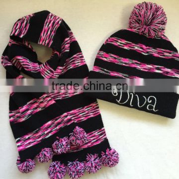 Girls fashion space dye acrylic yarn rainbow striped knitting hat and scarf set fun poms decoration