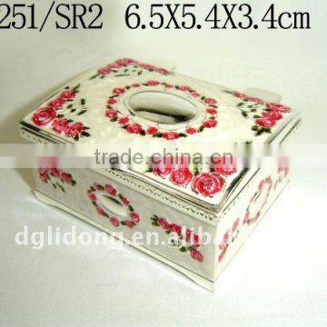 Pretty Rose-engraved Enamel Silver Metal Jewelry Box