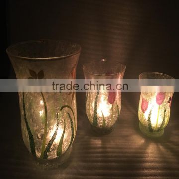 2016 new design handblown etched glass hurricane candle for candelabra