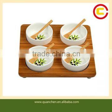 Four-bowl Square Bamboo Serving Platter for Picnic