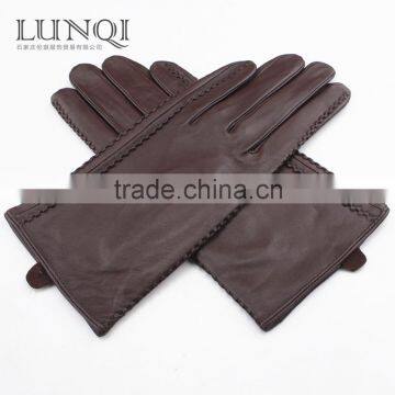 New fashion dark brown touch screen sheepskin leather gloves with hand side with floral --- women