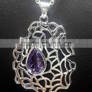 Amethyst Pear Facet Pendant , 925 Solid Sterling Silver Pendant, Designer Jaali Silver Pendant