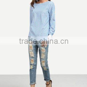 Blouses Latest Fashion Design Women Clothing Blue Striped Tie Back Backless Long Sleeve Blouse photo-5
