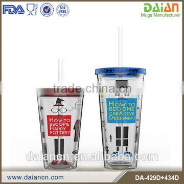 Small MOQ acrylic double wall tumbler with straw