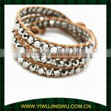 Metallic Silver Bead Leather Wrap Bracelet For Women (JW-G2579)