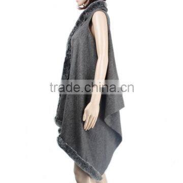 New Production Cashmere Cape With Fur Trim Rabbit Fur Trim Fur Shawl KZ150097 photo-4