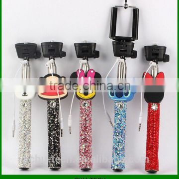 wired cartoon bling selfie stick with Cable Control