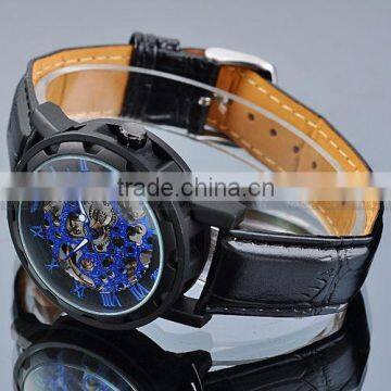 WINNER Blue Men's Skeleton Mechanical Hand-winding Black Leather Wrist Watch