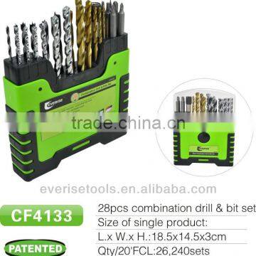 28pcs combination drill bit and bit set in plastic case