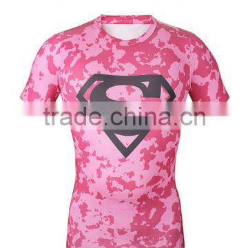custom made short sleeve Pink sublimation compression shirt Rash Guard 2016 super man