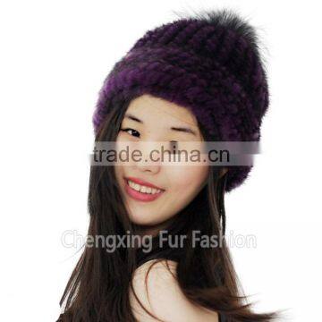 CX-C-239K Cute Style Mixed Color Knitted Cross Grain Real Mink Fur Warm Hats With Fox Fur Pom Pom