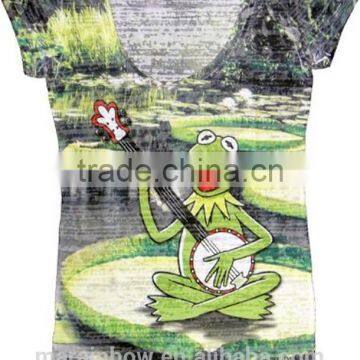 50% cotton 50% polyester Mens Scoop Neck Sublimated T Shirts Frog Printed Burnout Sublimation Juniors T-shirt Tee