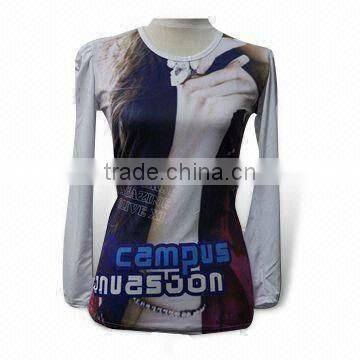 95% Polyester Women's Printed T-shirt, Available with Long Sleeves