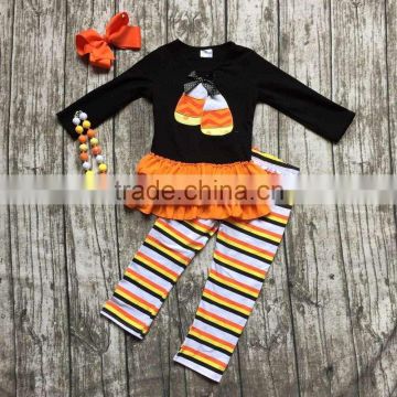 Fall clothes girls Halloween clothing girls candy corn clothes girls Halloween stripe pant sets with necklace and bows