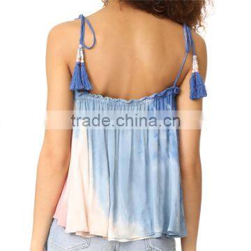 Hot Sleeveless Tie Dye Tassel Straps 2017 Blouse Women Summer photo-4