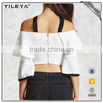 Flare Sleeve High Waist Crop Top off Shoulder Self-tie Front Tops photo-3