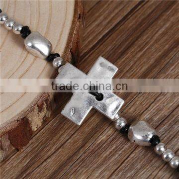 Wax Rope Hand Made Beaded Bracelets Antique Silver Black Cross Round 21cm Long photo-2