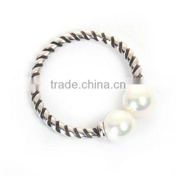 White Copper Cable Twisted Open Rings Antique Silver White Acrylic Imitation Pearl Spiral photo-2