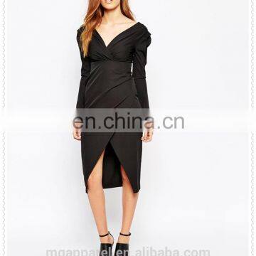 Fashion Women Cheap Sexy Long Sleeve V-neckline Frill Shoulder Pencil Skirt Midi Dress photo-2