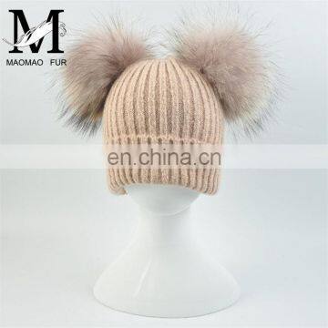 Brand Cute Baby Crochet Hats and Caps With Two Real Raccoon Fur Balls Top Color Matching Hat photo-4