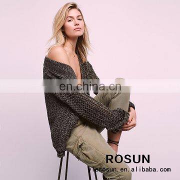 Ribbed sweater and open cardigan with front slip pockets and wide sleeves