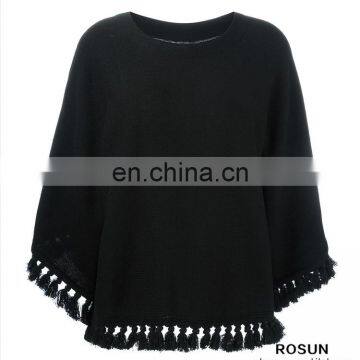 Women Round neck Wide slleves Black Wool blend Tassel Trim Jumper Sweater