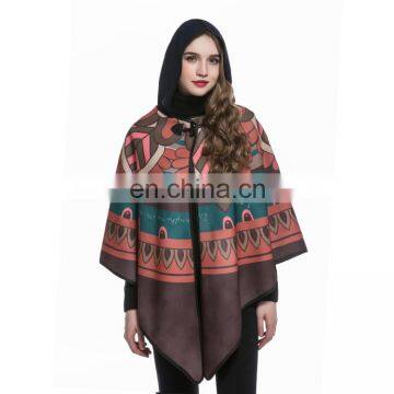 wholesale woman fashion poncho wool cape shawl flower pattern hood shawl trench coat