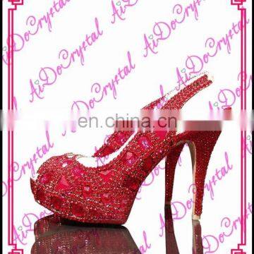 Aidocrystal handmade closed toe red with three-angle diamonds slingback high heel shoes for ladies