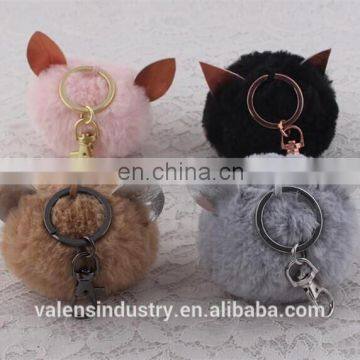 Hot selling Custom Wholesale Cat ears faux fur pom poms ball Keychain pom pom keychain for woman cellphone/handbag/hats/Car