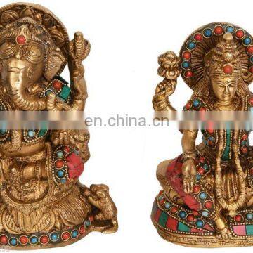 Indian GOD Jai Ganesha Lakshmi Statue 6.4" Golden Brass Stone Art Hindu Sculpture Ganesha Religious Idol Lord Art Wholesale