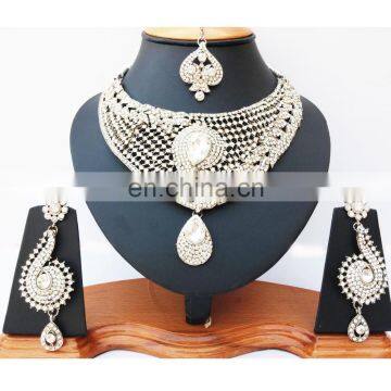 MODISH BOLLYWOOD A.D DESIGNER WEDDING SILVER PLATED NECKLACE EARRINGS TIKA JEWELRY SET