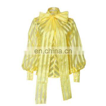 TWOTWINSTYLE Striped Bow Collar Lantern Sleeve Loose Lace Up Women's Shirts 2020 photo-4