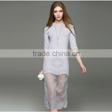 2017 hot new lady hollow knit dress half sleeve slim hip long lace dress with lace hem