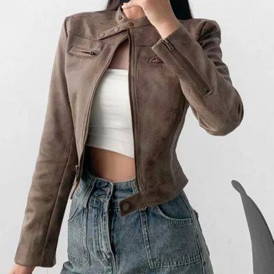 American INS High Street Retro Short Slim Motorcycle Jacket for Women in 2025 Autumn Vintage Color Leather Jacket and Suede Jacket photo-4