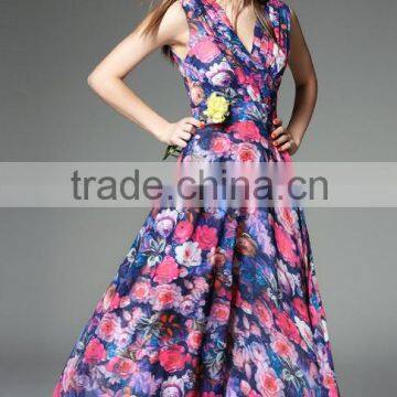 2016 New Spring/summer Women Europe High Quality V-neck Roses Printing Chiffon Dress Posed Long Skirt Waist photo-3