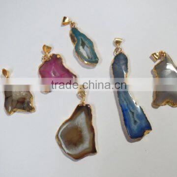 Natural ELECTROPLATED GOLD Agate Slice Pendant