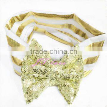 sequin bow headband- single sequin bow with elastic gold stripe headband