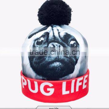 2015 Latest Top Selling Pug Cartoon Characters Beanie Hat Printed 3d Beanie photo-2