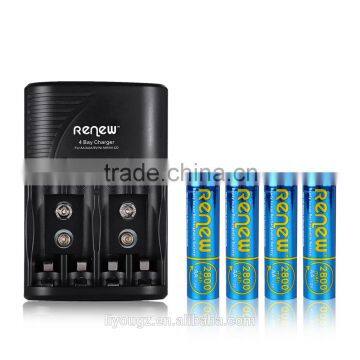 2016 HOT!!! RENEW S2 4Bay Quick Smart AA AAA Battery Charger with 4pcs 2800mAh Ready-to-use AA Ni-MH Rechargeable Batteries