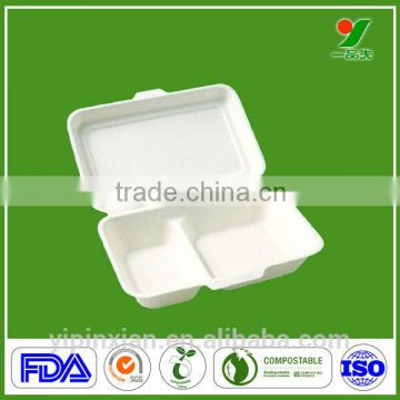 Biodegradable sugarcane pulp 3-compartment containers with lids