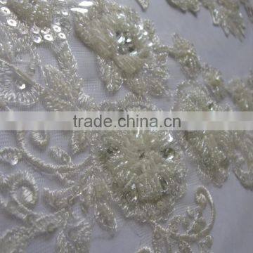 Wholesale Fashion Embroidery Bridal Pearl Beaded Lace /velvet lace manufacturer/champagne color lace applique/ cord lace fabric