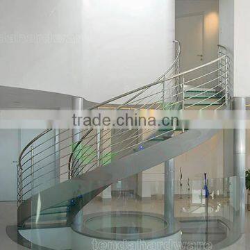 glass steps double side plate curved Staircase with stainless steel rod bar handrail