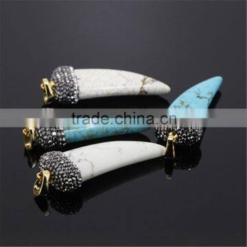 KJL-CST 16 wholesale new design natural green/white horn shape turquoise pendant charm pave rhinestones gem druzy stone pendant